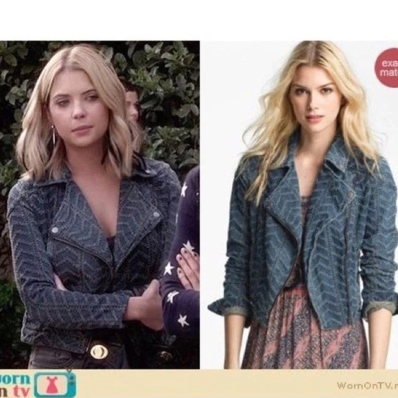 Free People Punched Denim Moto Jacket Herringbone Blue Jean Jacket Size 6 - Picture 5 of 5